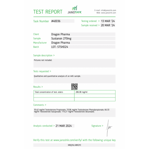 Sustanon 270 - Testosterone Acetate,Testosterone Propionate,Testosterone PhenylPropionate,Testosterone Isocaproate,Testosterone Decanoate - Dragon Pharma, Europe